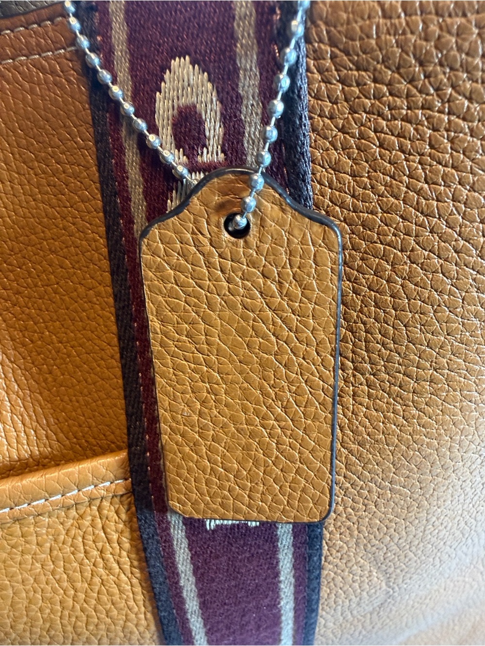 Coach Tan Pebbled Tote with Maroon Canvas Branded Strap - Picture 6 of 15